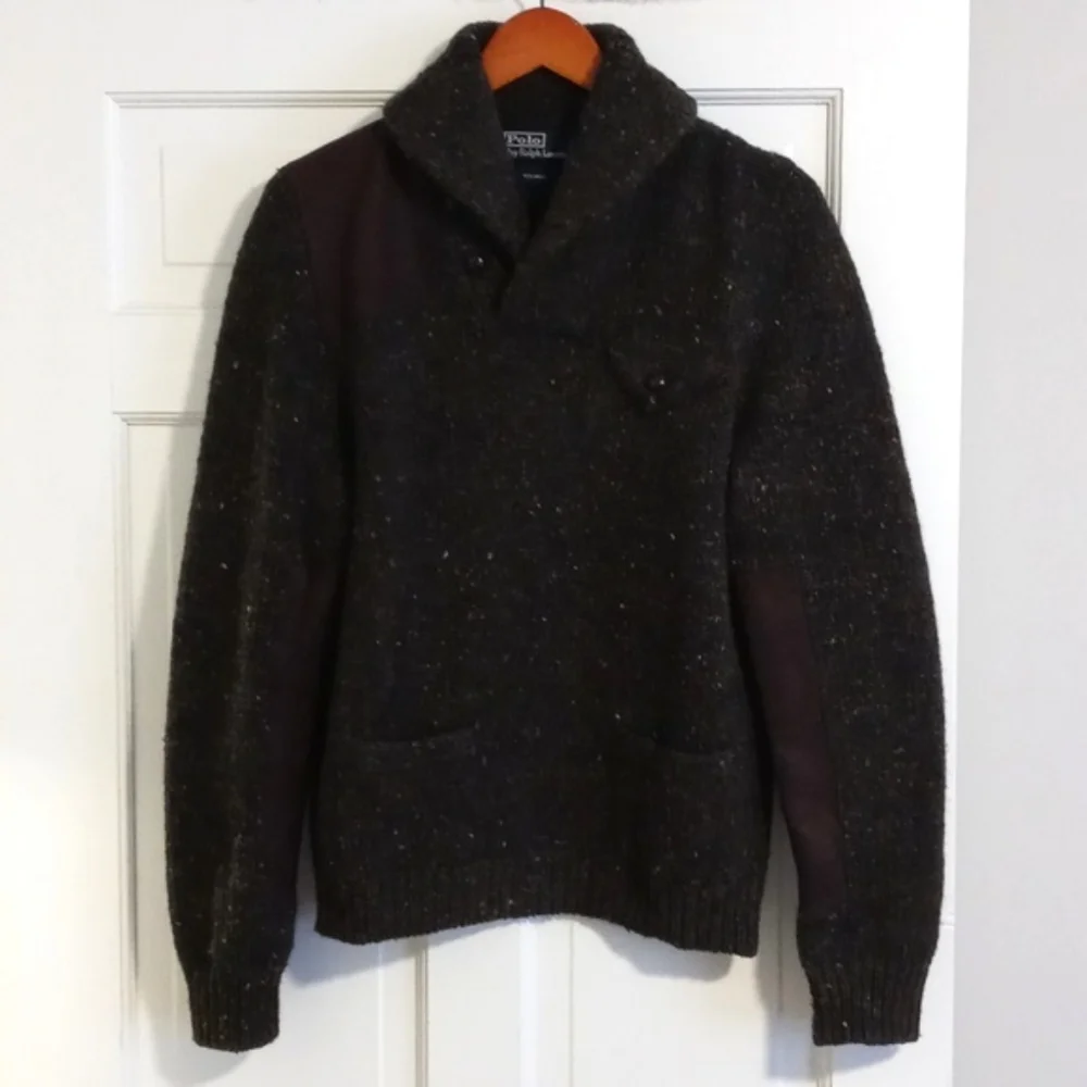 🍁VERY RARE/VTG Polo Ralph Lauren🍁 - Shawl Collar Wool Sweater Leather Details